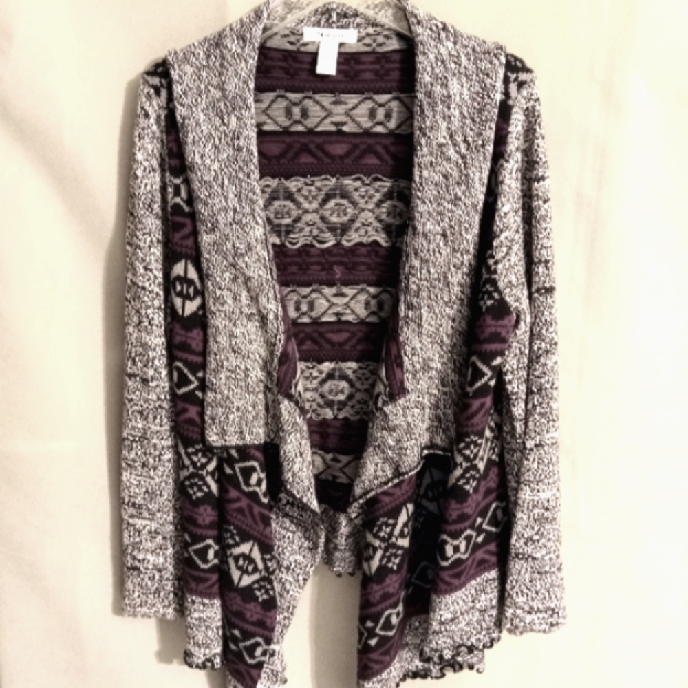 Style & Co. Gray & Purple Aztec Design Waterfall Front Cardigan Sweater Wms Lg
